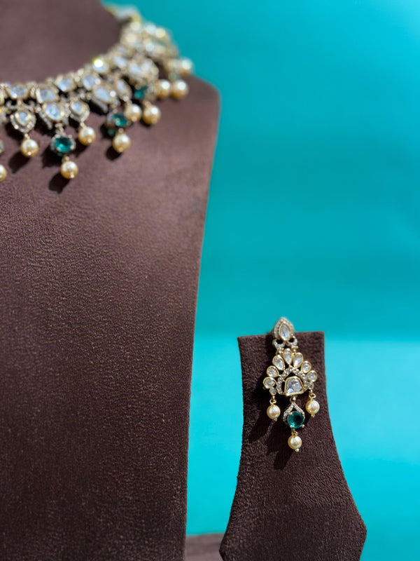 PREMIUM BRASS MATERIAL WITH MOISSONITE POLKI STONE AND SWAROVSKI PEARLS IN VICTORIAN POLISH