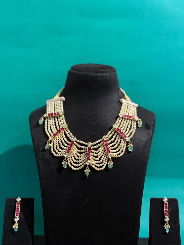 TRENDING GOLD LOOK JADAU KUNDAN MALA WITH SWAROVSKI PEARLS AND NATURAL STRAWBERRY BEADS