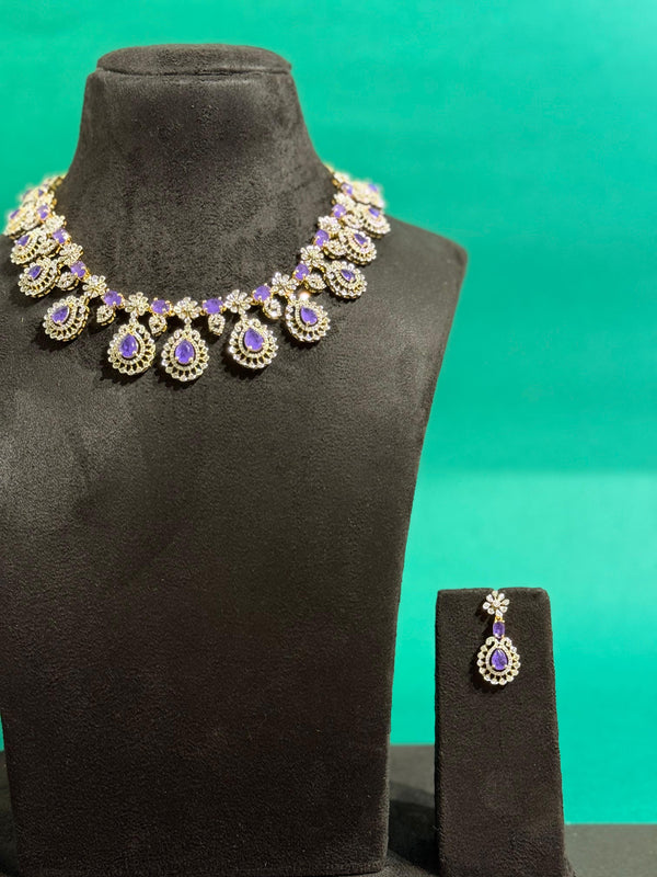 CUBIC ZIRCONIA STONE NECKLACE SET WITH GANGA JAMUNA POLISH