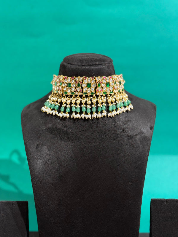 PREMIUM BRASS MATERIAL WITH REAL JADAU KUNDAN STONES AND NATURAL STRAWBERRY BEADS AND SWAROVSKI PEARLS