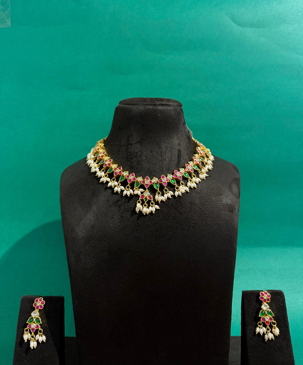 PREMIUM BRASS MATERIAL AND REAL JADAU KUNDAN STONES WITH IMITATION RICE PEARLS FALL
