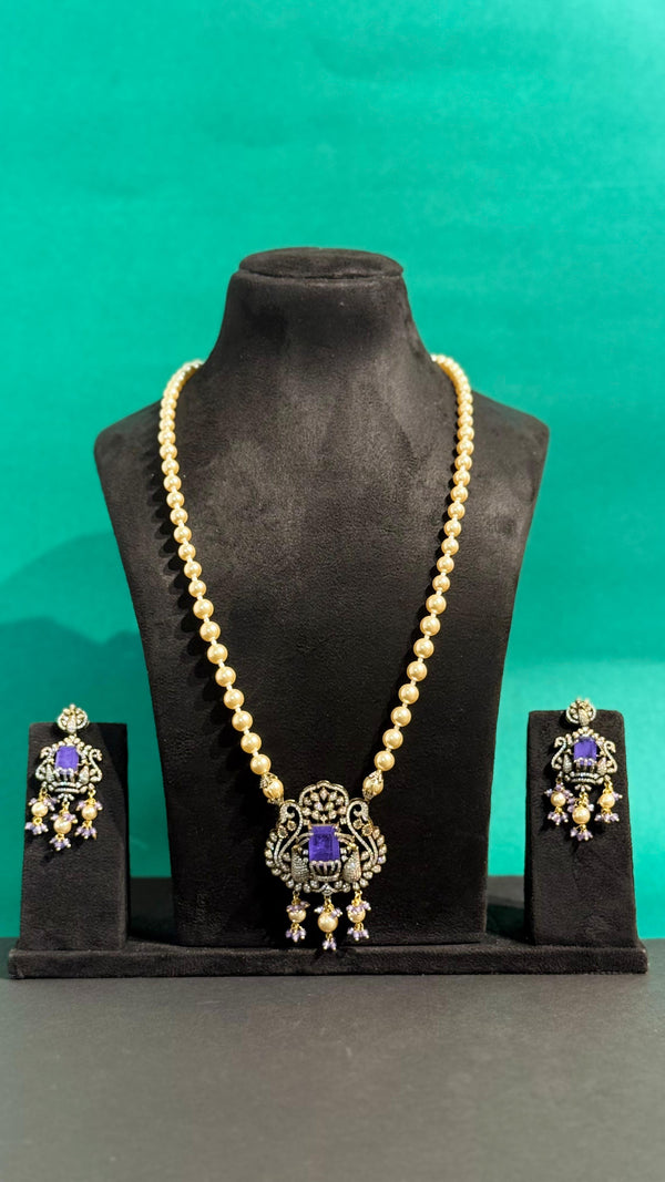 PREMIUM BRASS MATERIAL WITH VICTORIAN POLISH PEACOCK PENDANT SET WITH SWAROVSKI PEARLS MALA