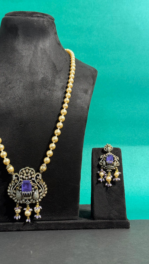 PREMIUM BRASS MATERIAL WITH VICTORIAN POLISH PEACOCK PENDANT SET WITH SWAROVSKI PEARLS MALA