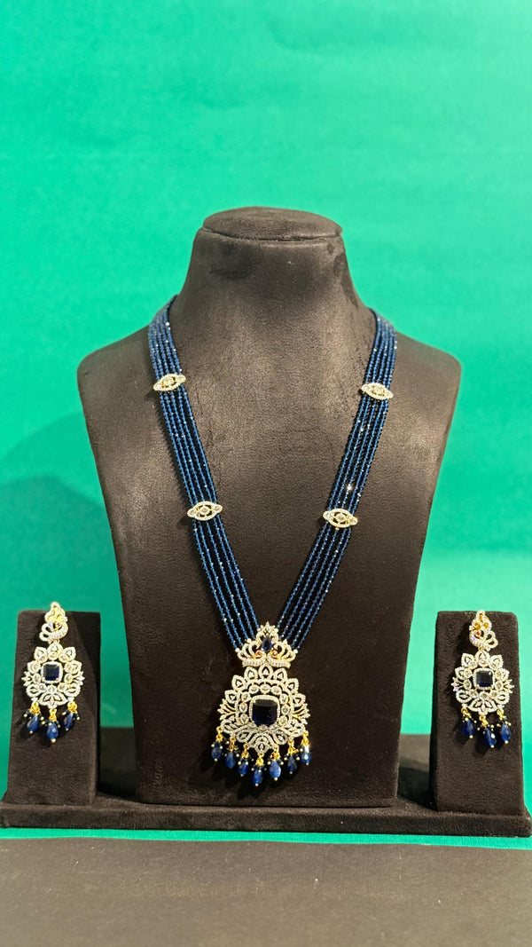 PREMIUM BRASS MATERIAL WITH GANGA JAMUNA POLISH PEACOCK PENDANT SET WITH CRYSTAL BEADS MALA