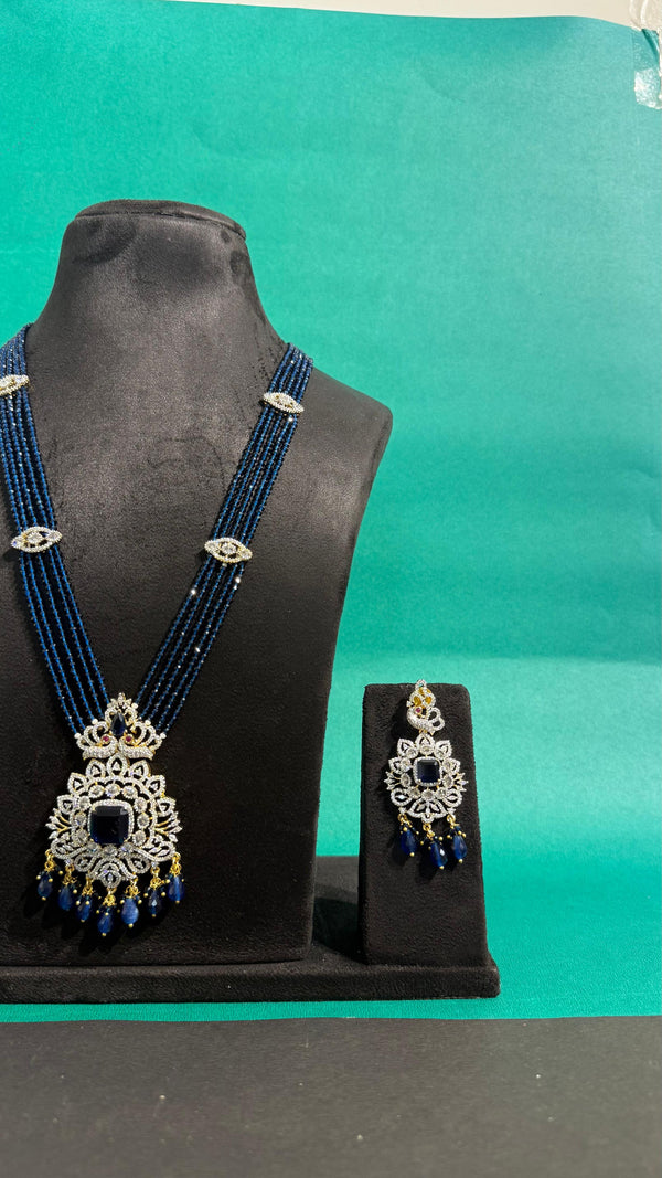 PREMIUM BRASS MATERIAL WITH GANGA JAMUNA POLISH PEACOCK PENDANT SET WITH CRYSTAL BEADS MALA