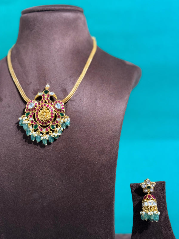 PEACOCK NECKLACE SET WITH REAL JADAU KUNDAN STONES AND NATURAL STRAWBERRY BEADS
