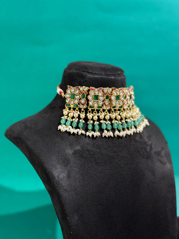 PREMIUM BRASS MATERIAL WITH REAL JADAU KUNDAN STONES AND NATURAL STRAWBERRY BEADS AND SWAROVSKI PEARLS