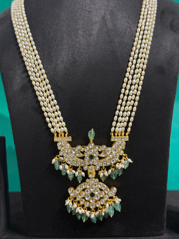 REAL JADAU KUNDAN STONES MALA WITH NATURAL STRAWBERRY BEADS FALL AND IMITATION RICE PEARLS