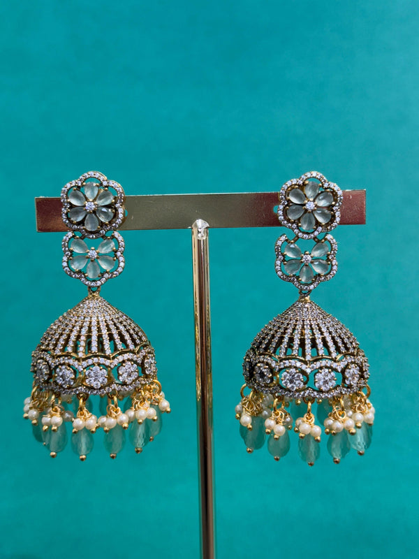 TRENDING JHUMKA'S IN PREMIUM BRASS MATERIAL WITH CUBIC ZIRCONIA STONES AND VICTORIAN POLISH