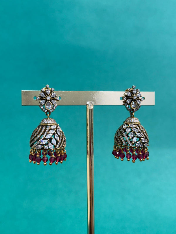 TRENDING JHUMKA'S IN PREMIUM BRASS MATERIAL WITH CUBIC ZIRCONIA STONES AND VICTORIAN POLISH