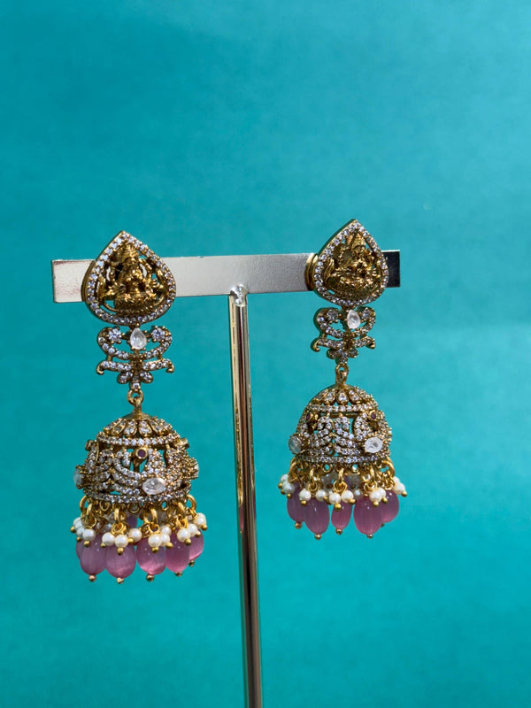 TRENDING JHUMKA'S WITH CUBIC ZIRCONIA STONES AND REAL STRAWBERY BEADS IN VICTORIAN POLISH