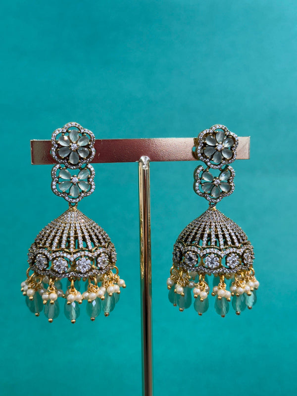 TRENDING JHUMKA'S IN PREMIUM BRASS MATERIAL WITH CUBIC ZIRCONIA STONES AND VICTORIAN POLISH
