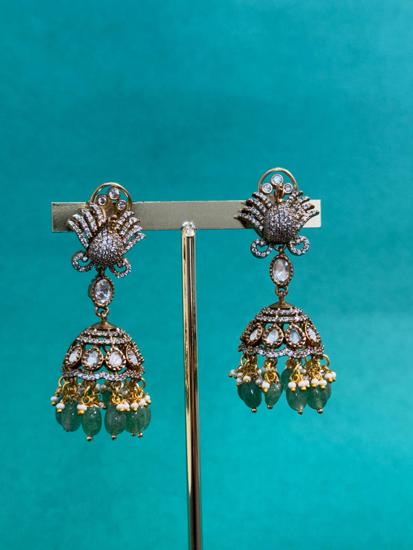 TRENDING VICTORIAN POLISH JHUMKA'S WITH CUBIC ZIRCONIA STONES AND REAL STRAWBERRY BEADS