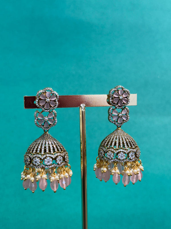 TRENDING VICTORIAN POLISH JHUMKA'S WITH CUBIC ZIRCON STONES AND NATURAL STRAWBERRY BEADS
