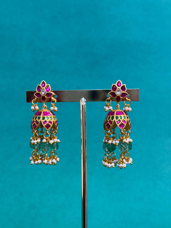 TRENDING REAL JADAU KUNDAN JHUMKA'S WITH NATURAL STRAWBERRY BEADS