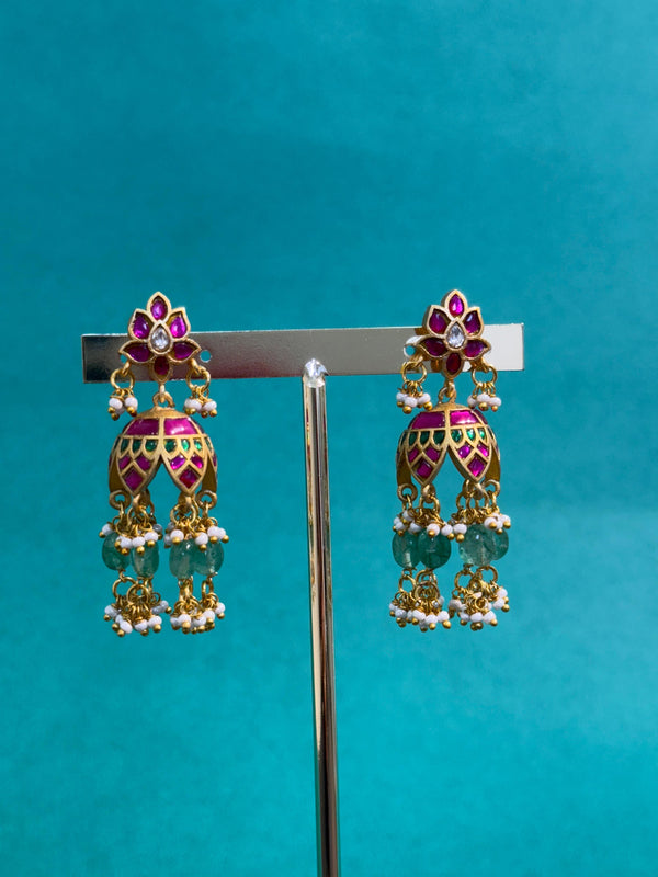 TRENDING REAL JADAU KUNDAN JHUMKA'S WITH NATURAL STRAWBERRY BEADS