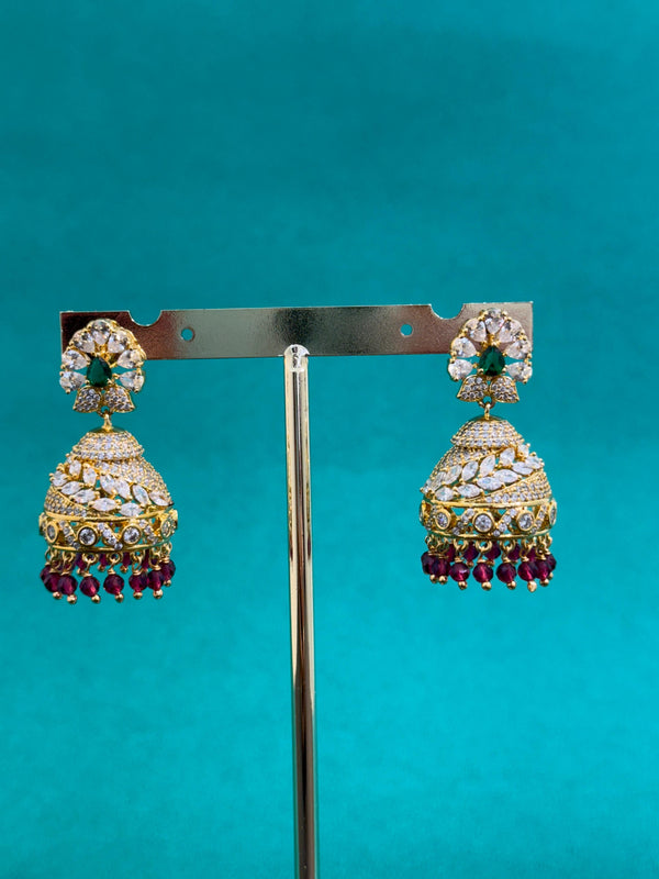 TRENDING JHUMKA'S IN PREMIUM BRASS MATERIAL WITH CUBIC ZIRCONIA STONES