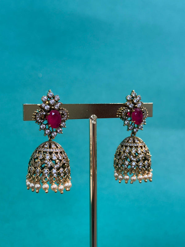 TRENDING JHUMKA'S IN PREMIUM BRASS MATERIAL WITH VICTORIAN POLISH AND SWARVOSKI PEARLS