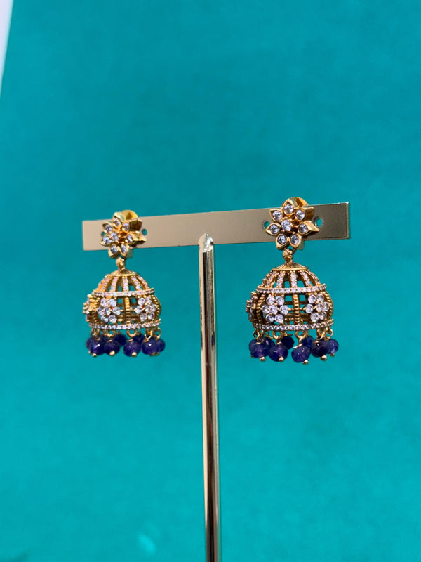 TRENDING JHUMKA'S IN PREMIUM BRASS MATERIAL WITH CUBIC ZIRCONIA STONES AND VICTORIAN POLISH