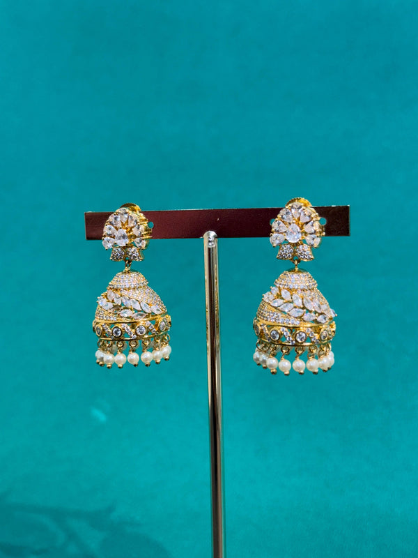 TRENDING JHUMKA'S IN PREMIUM BRASS MATERIAL WITH CUBIC ZIRCONIA STONES