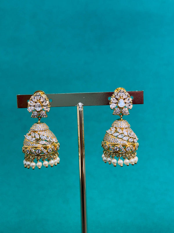 TRENDING JHUMKA'S IN PREMIUM BRASS MATERIAL WITH CUBIC ZIRCONIA STONES