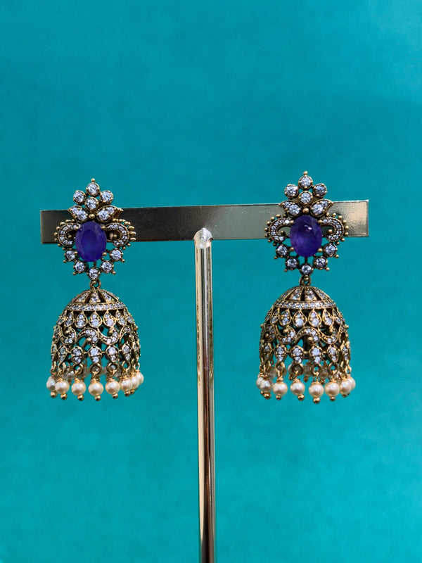 TRENDING JHUMKA'S IN PREMIUM BRASS MATERIALWITH CUBIC ZIRCONIA STONES AND ANTIQUE POLISH