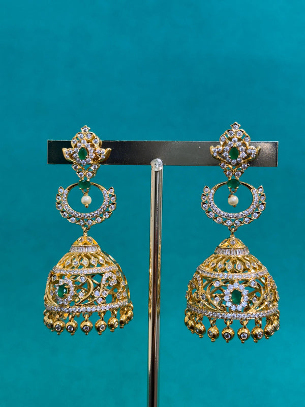 TRENDING JHUMKA'S IN PREMIUM BRASS MATERIAL WITH CUBIC ZIRCONIA STONES