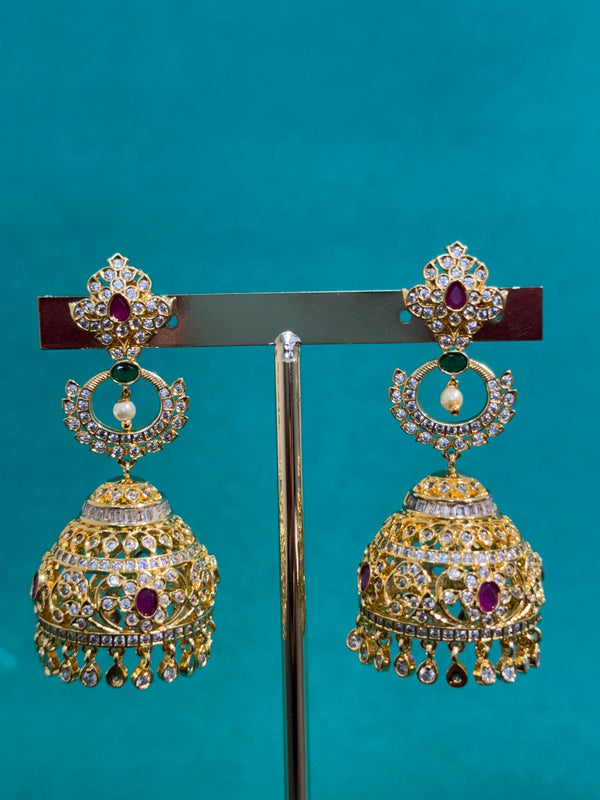 TRENDING JHUMKA'S IN PREMIUM BRASS MATERIAL WITH CUBIC ZIRCONIA STONES