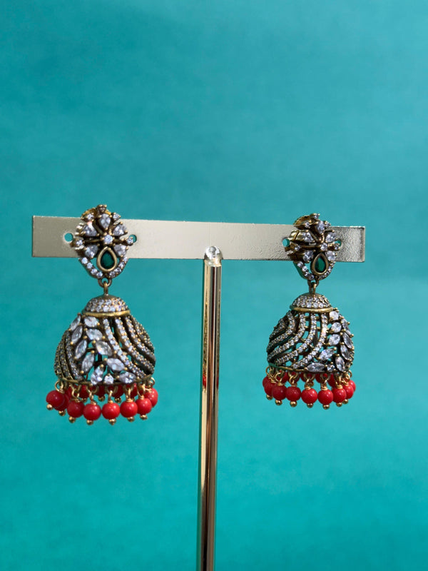 TRENDING JHUMKA'S IN PREMIUM BRASS MATERIAL WITH CUBIC ZIRCONIA STONES AND ANTIQUE POLISH