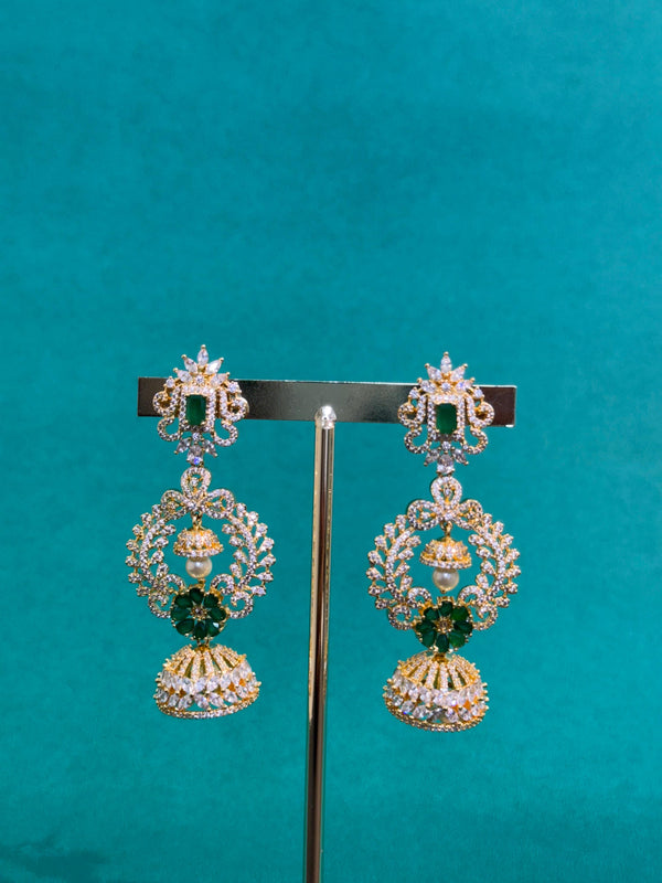 TRENDING JHUMKA'S IN PREMIUM BRASS MATERIAL WITH CUBIC ZIRCONIA STONES
