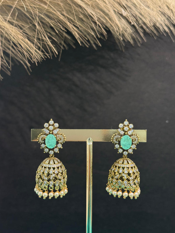 TRENDING JHUMKA'S IN VICTORIAN POLISH WITH CUBIC ZIRCONIA STONES