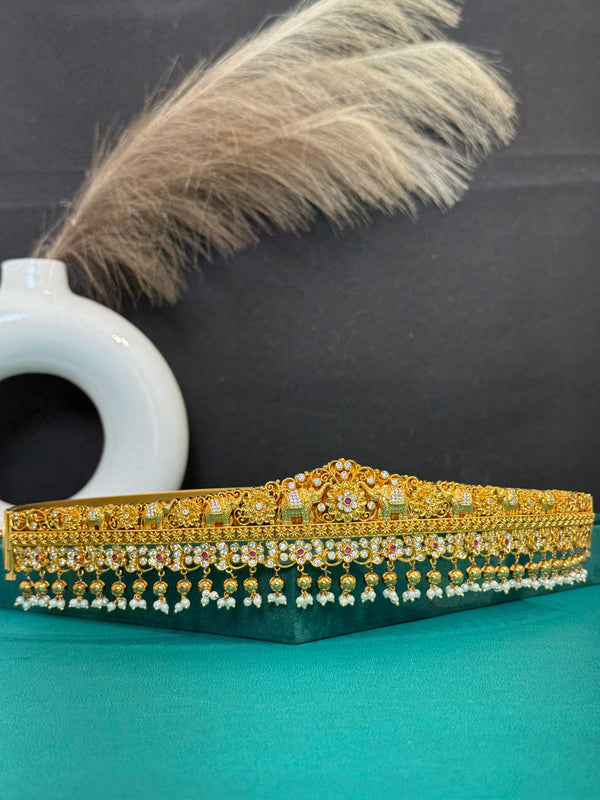 TRENDING ELEPHANT VADDANAM WITH PREMIUM BRASS MATERIAL AND GOLD BEADS FALL