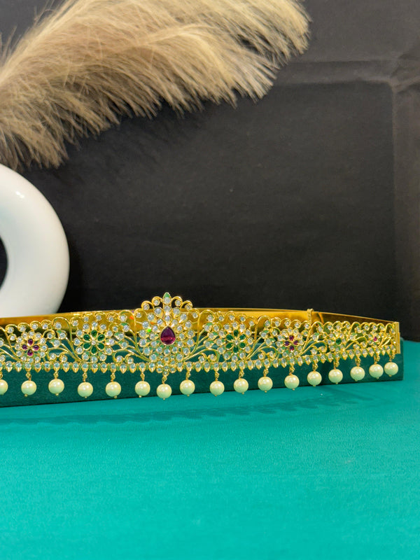 TRENDING VADDANAM WITH GOLD POLISH AND IMITATION GLASS PALACE FALL