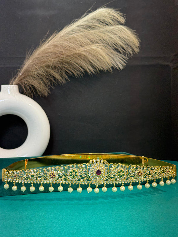 TRENDING VADDANAM WITH GOLD POLISH AND IMITATION GLASS PALACE FALL