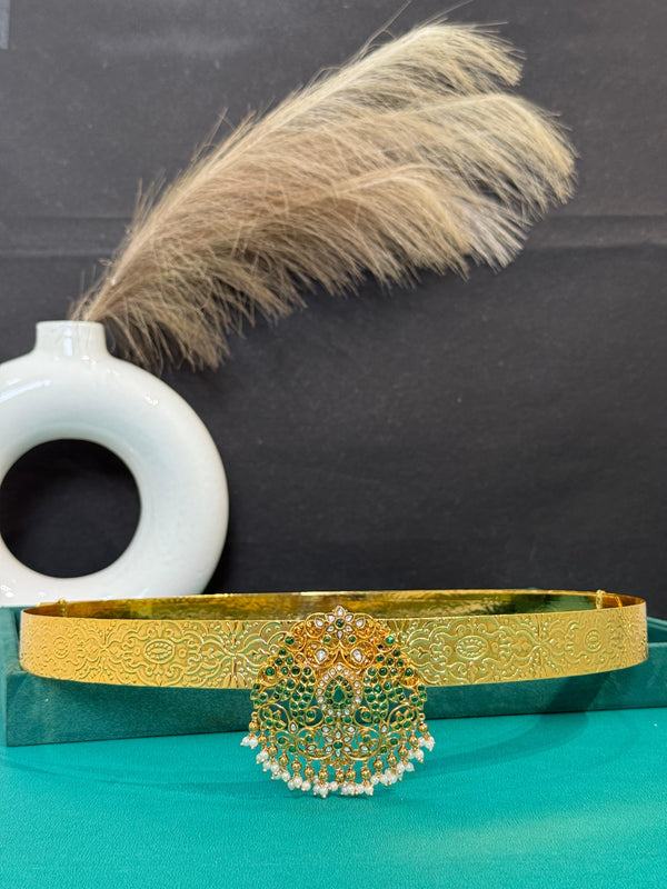 TRENDING VADDANAM WITH GOLD POLISH AND RICE PEARLS FALL