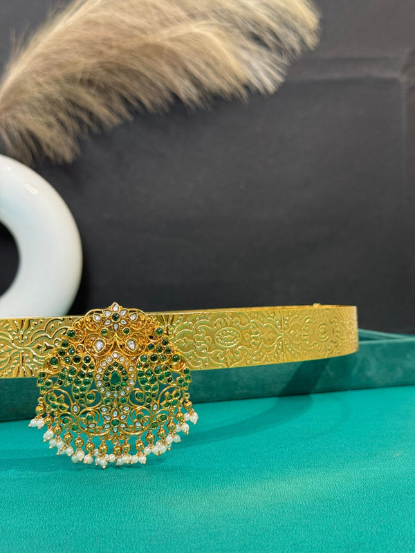 TRENDING VADDANAM WITH GOLD POLISH AND RICE PEARLS FALL