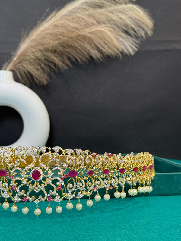 TRENDING VADDANAM WITH GANGA JAMUNA POLISH AND CUBIC ZIRCONIA STONES AND IMITATION GLASS PALACE FALL