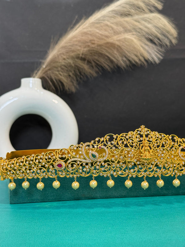 TRENDING LAXMI VADDANAM WITH GOLD POLISH AND IMITATION GLASS PALACE FALL