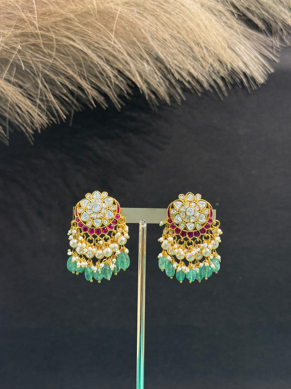 TRENDING EARINGS WITH REAL JADAU KUNDAN STONES AND STRAWBERRY BEADS