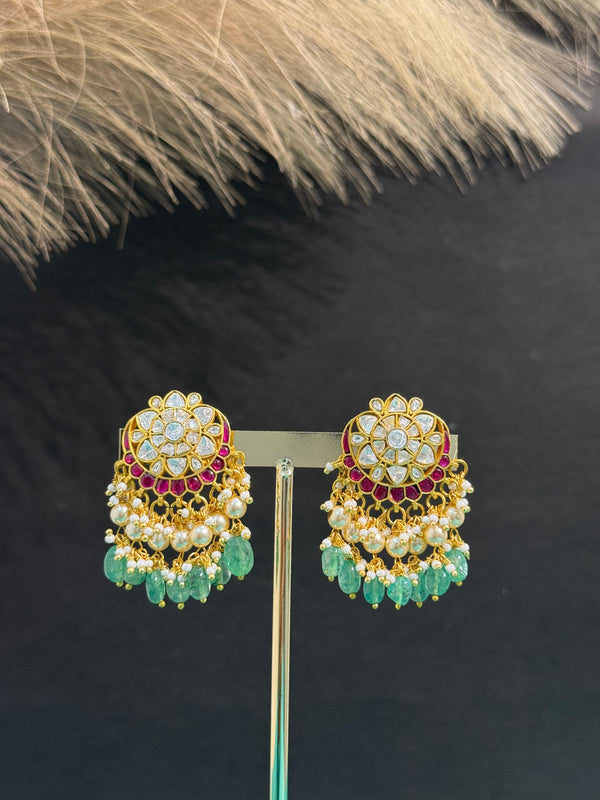 TRENDING EARINGS WITH REAL JADAU KUNDAN STONES AND STRAWBERRY BEADS