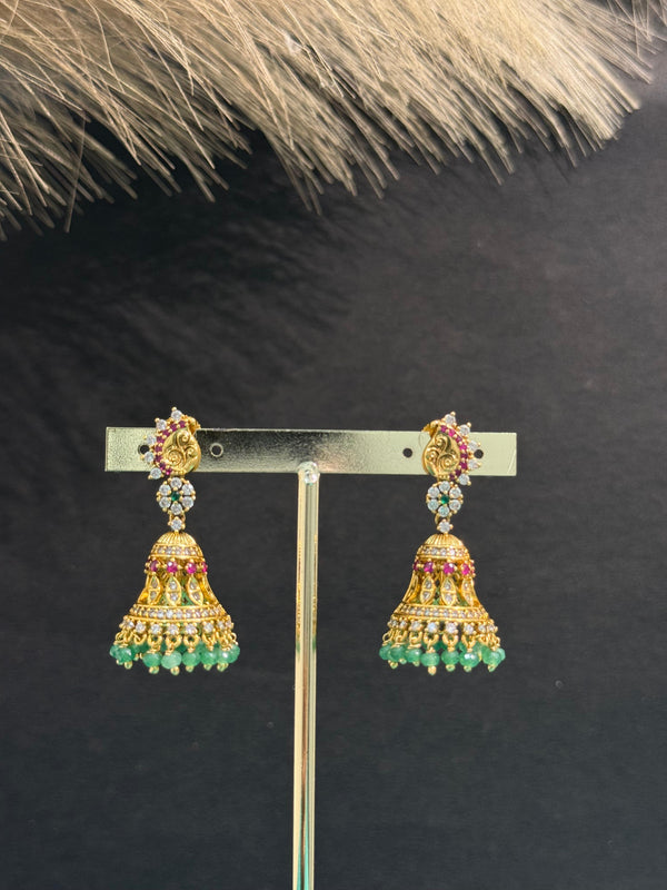 TRENDING JHUMKA'S IN PREMIUM BRASS MATERIAL WITH CUBIC ZIRCONIA STONES
