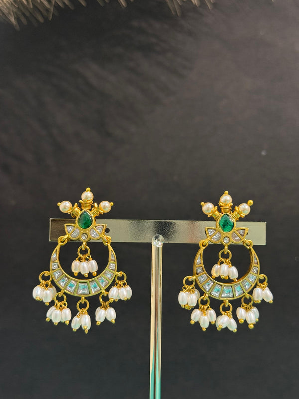 TRENDING CHANDBALI WITH REAL JADAU KUNDAN STONES AND RICE PEARLS FALL