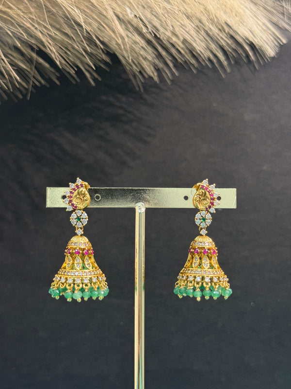 TRENDING JHUMKA'S IN PREMIUM BRASS MATERIAL WITH CUBIC ZIRCONIA STONES