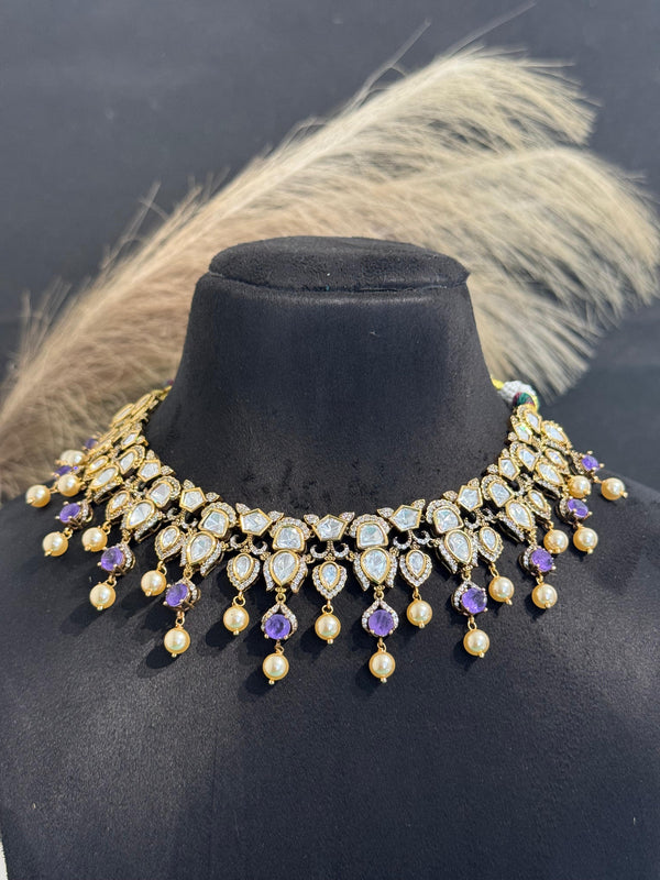 TRENDINGCHOKER IN VICTORIAN POLISH WITH CZ AND KUNDAN BEADS