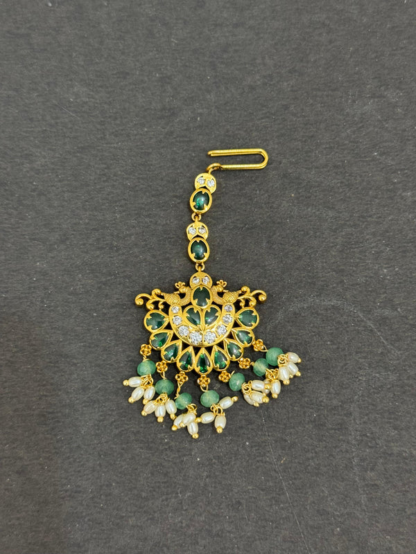 TIKA IN PREMIUM BRASS MATERIAL WITH REAL JADAU KUNDAN STONES AND RICE PEARLS FALL