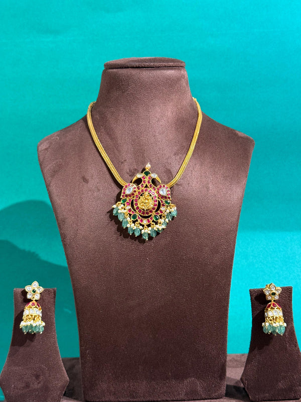 PEACOCK NECKLACE SET WITH REAL JADAU KUNDAN STONES AND NATURAL STRAWBERRY BEADS