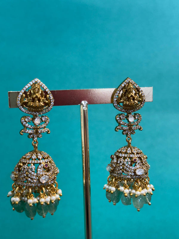 TRENDING JHUMKA'S IN PREMIUM BRASS MATERIAL WITH CUBIC ZIRCONIA STONES,VICTORIAN POLISH AND NATURAL STRAWBERRY BEADS