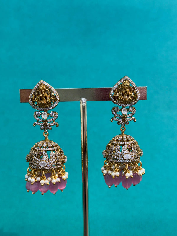 TRENDING JHUMKA'S WITH CUBIC ZIRCONIA STONES AND REAL STRAWBERY BEADS IN VICTORIAN POLISH