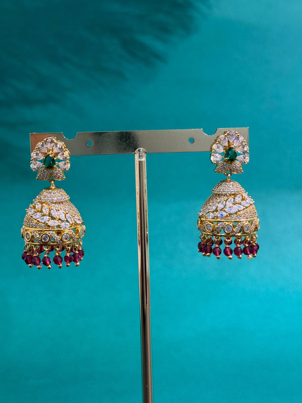 TRENDING JHUMKA'S IN PREMIUM BRASS MATERIAL WITH CUBIC ZIRCONIA STONES