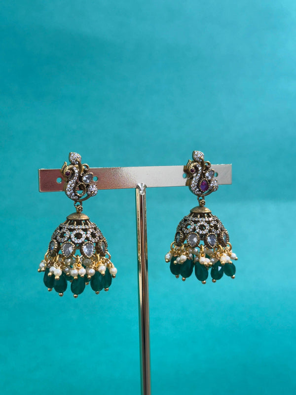 TRENDING JHUMKA'S IN PREMIUM BRASS MATERIAL WITH CUBIC ZIRRCONIA STONES AND ANTIQUE POLISH